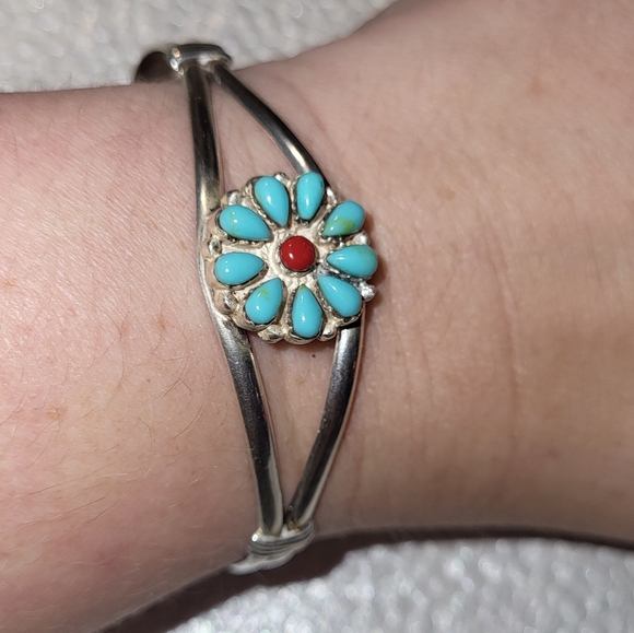 Vintage Sterling,Turquoise & Coral Cuff Bracelet - Picture 2 of 10